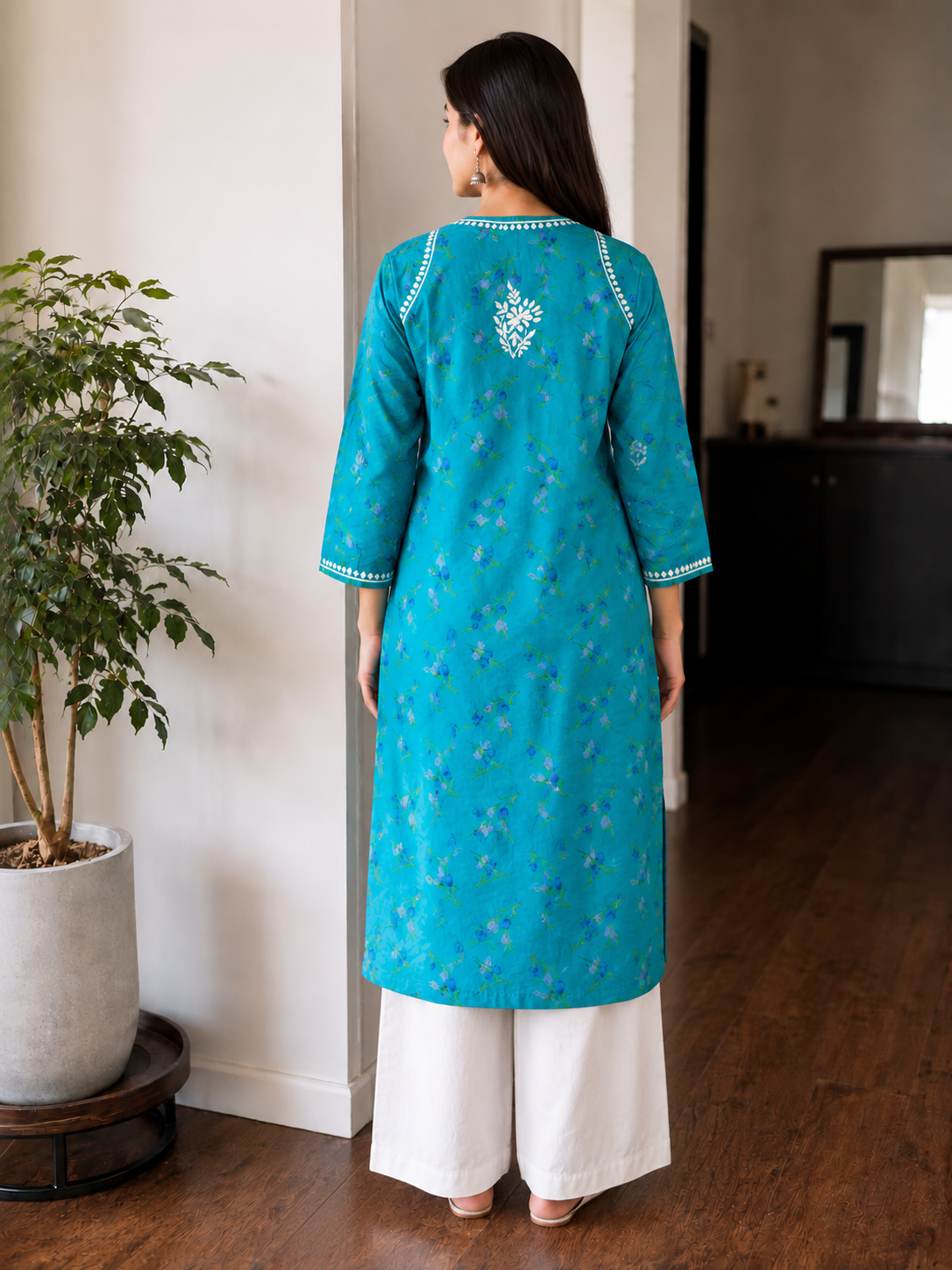Turquoise Blue printed Cotton Chikankari Kurta