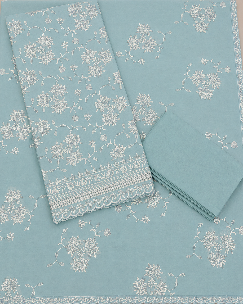 Aqua Floral Cotton Dress Material