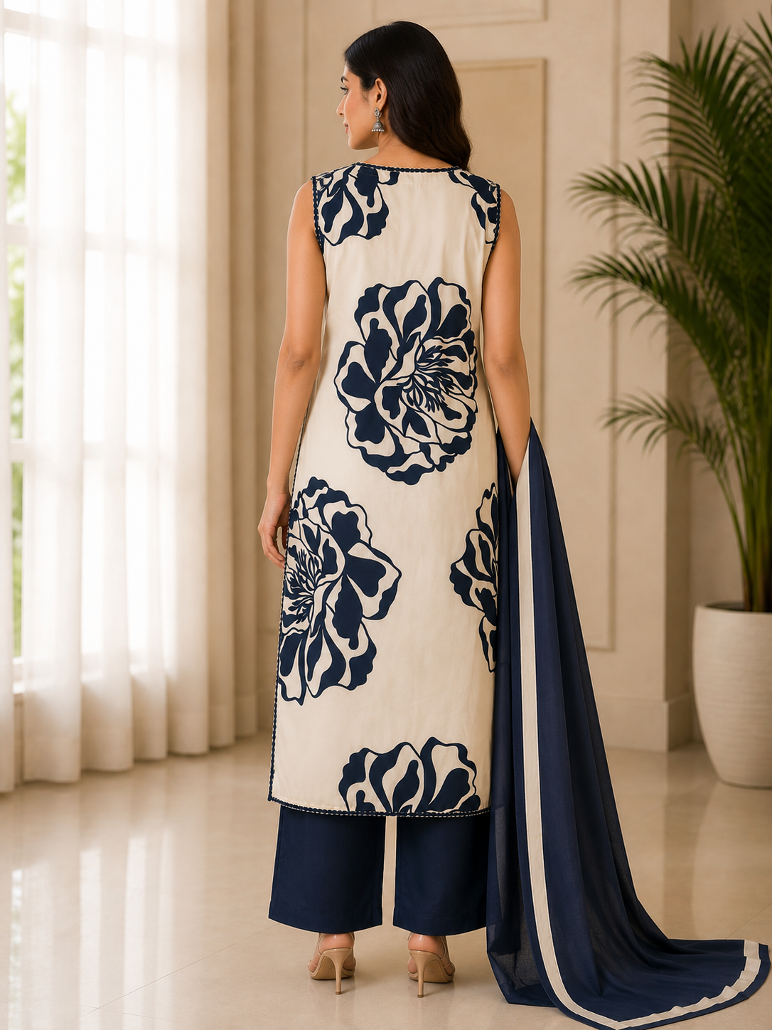 Navy Blue and White Cotton Suit