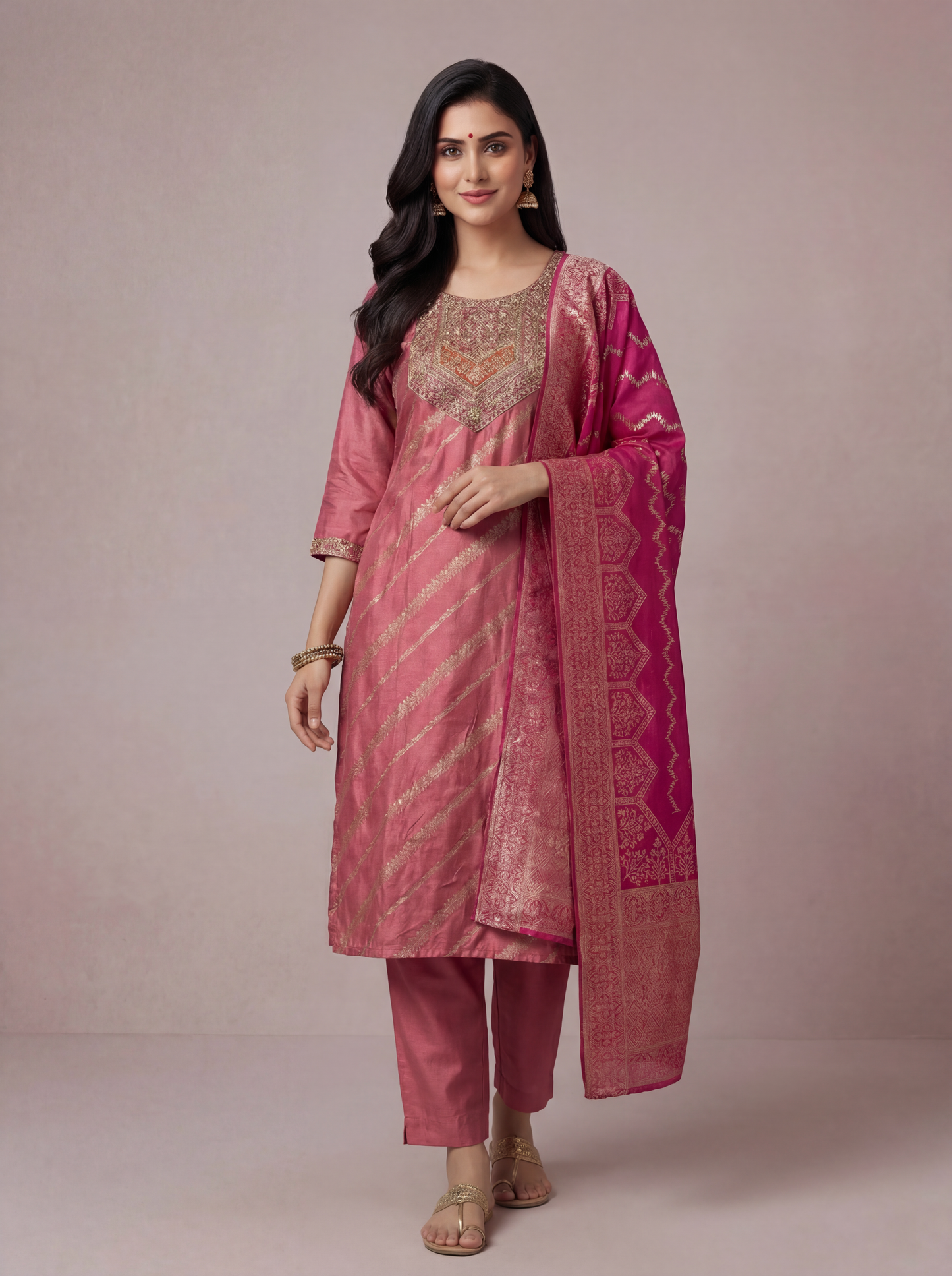Coral Pink Banarsi Jacquard Suit