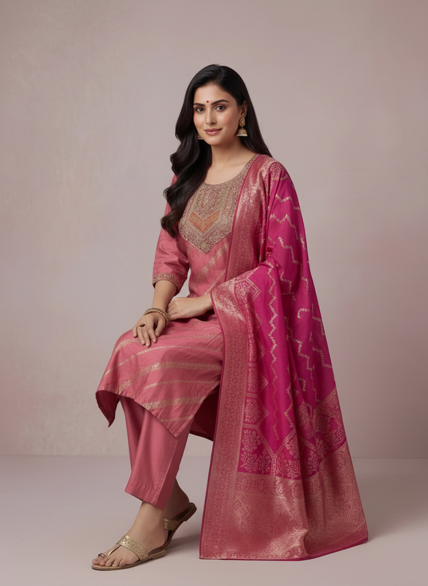 Pink Jacquard Banarsi Suit