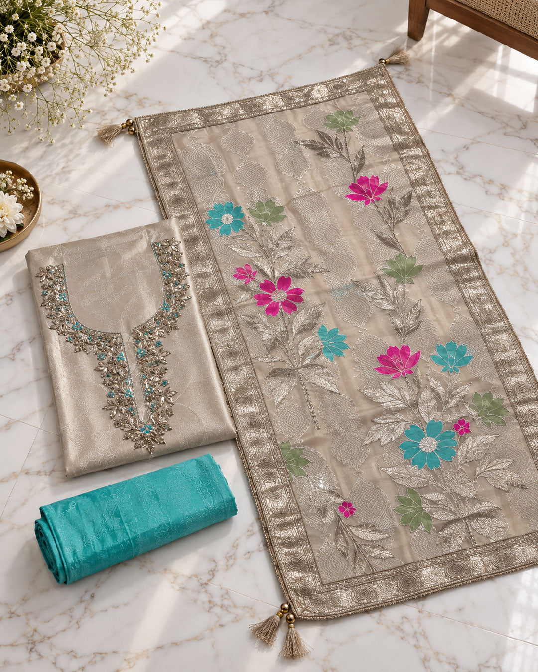 Golden Floral Tissue Shimmer Dress Material