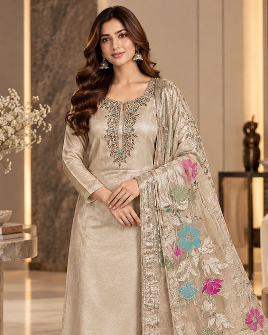 Golden Floral Tissue Shimmer Dress Material