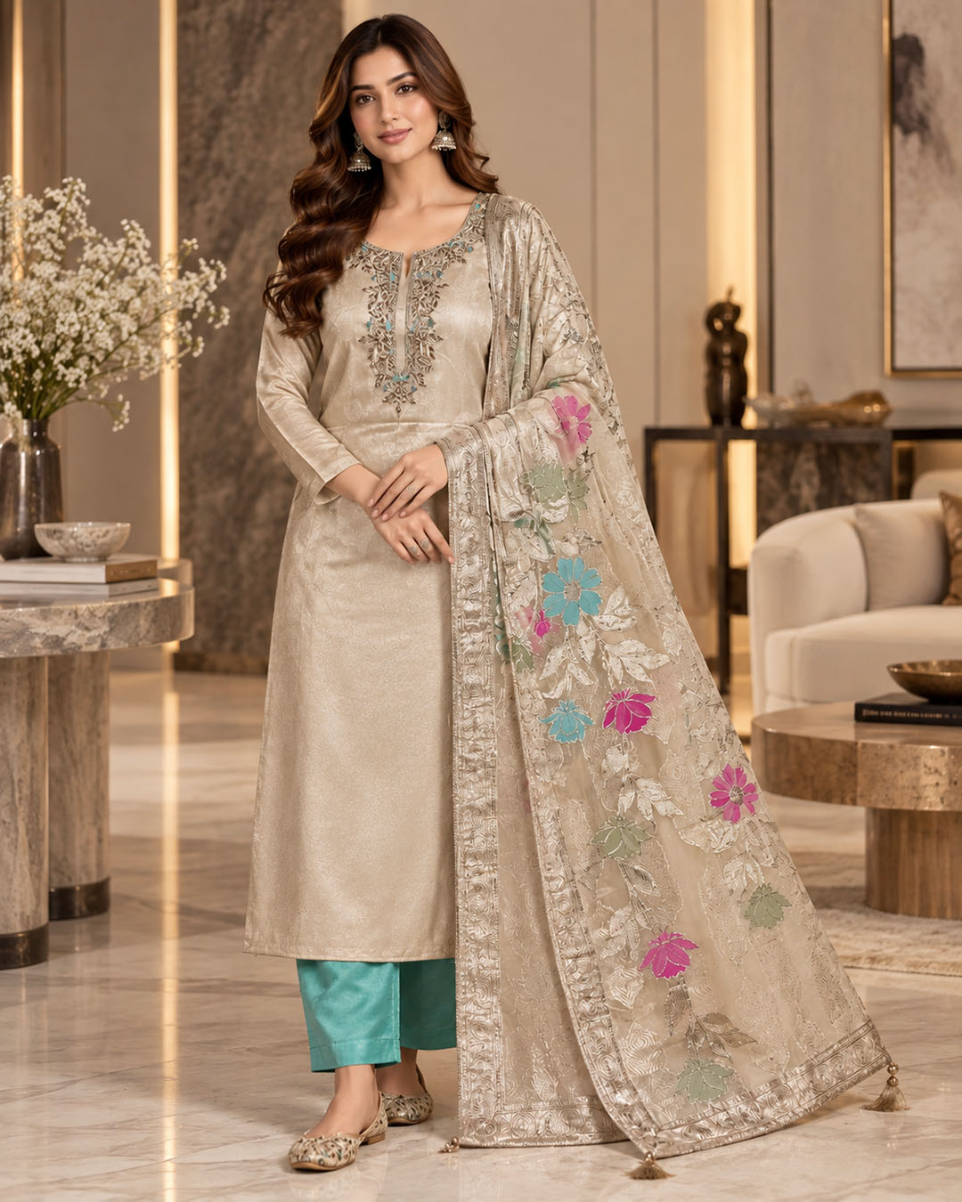 Golden Floral Tissue Shimmer Dress Material