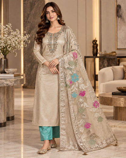 Golden Floral Tissue Shimmer Dress Material