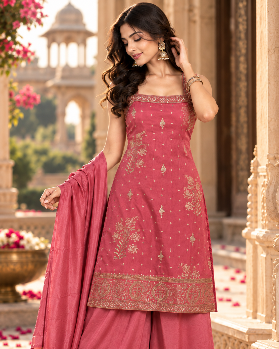 Pink Jacquard Silk Sharara Suit