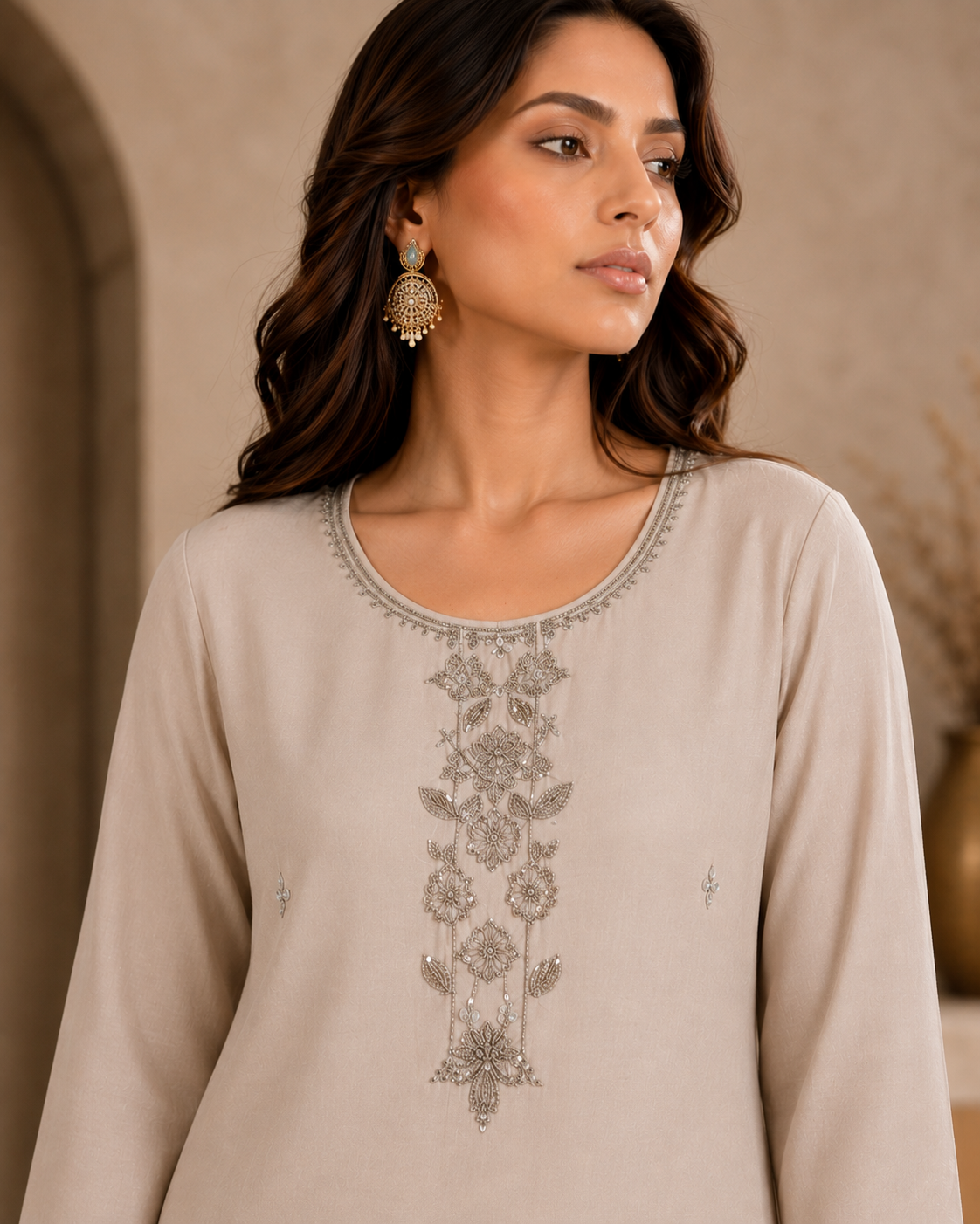 Soft Champagne Mul Chanderi Suit