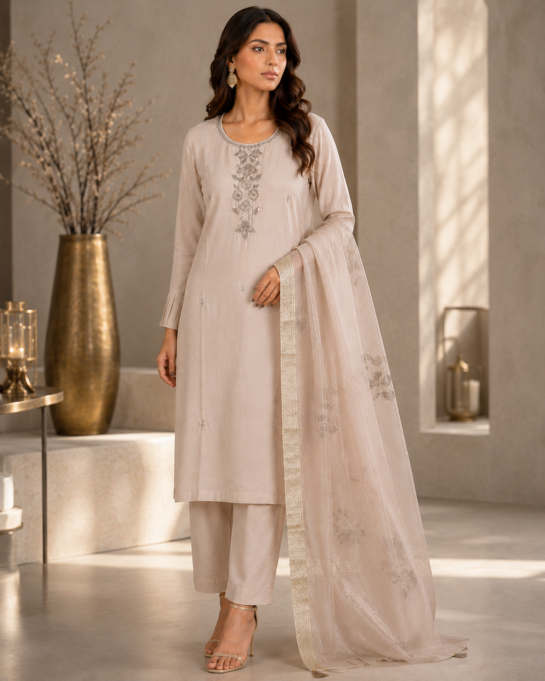 Soft Champagne Mul Chanderi Suit
