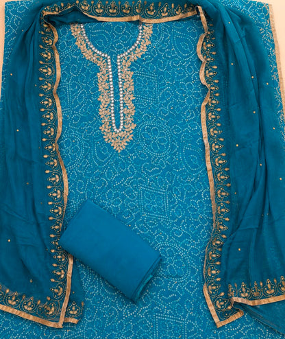 Blue Crepe Bandhani Dress Material