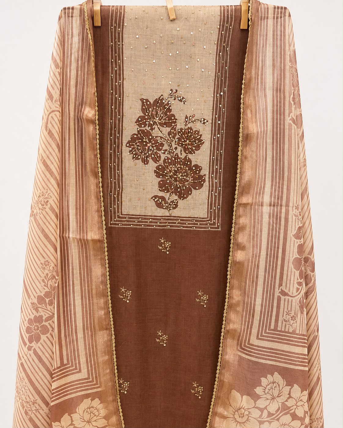 Brown Cotton Chanderi Dress Material