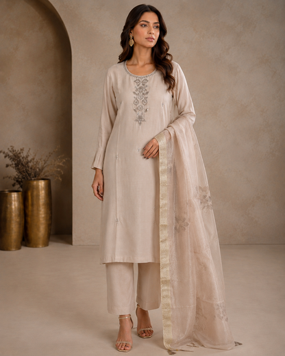 Soft Champagne Mul Chanderi Suit