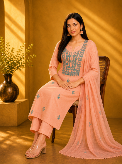 Pastel Peach and Teal Cotton Dress Material
