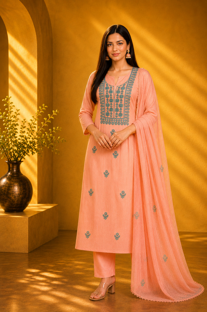 Pastel Peach and Teal Cotton Dress Material
