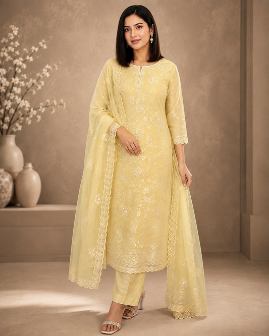 Lemon Bloom Cotton Dress Material