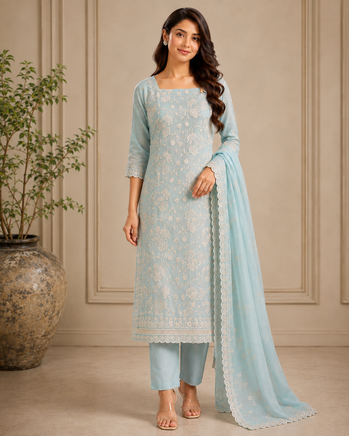 Aqua Floral Cotton Dress Material