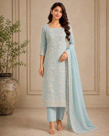 Aqua Floral Cotton Dress Material