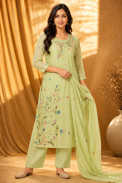 Pista Green Mul Chanderi Suit