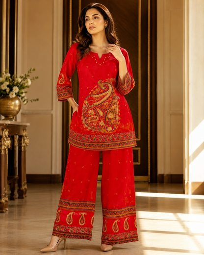 Crimson Red Crepe Coord Set