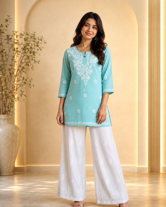 Pastel Blue Chikankari Short Kurti