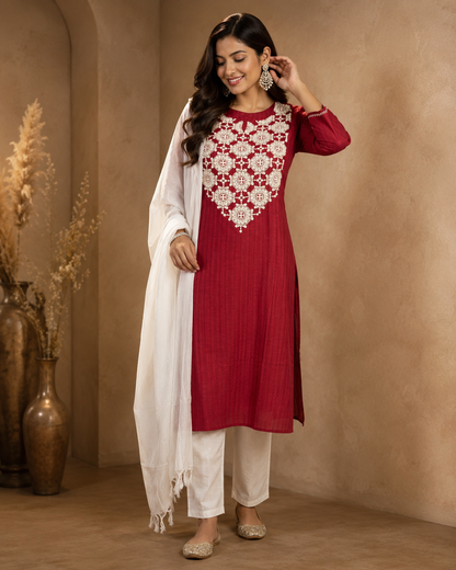 Maroon and White Pure Cotton Suit