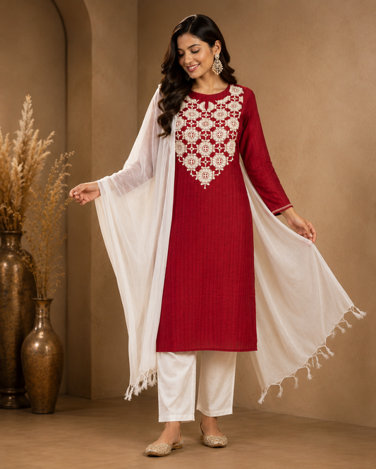 Maroon and White Pure Cotton Suit