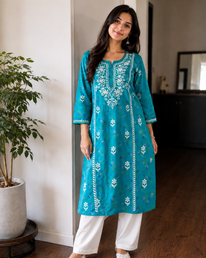Turquoise Blue printed Cotton Chikankari Kurta