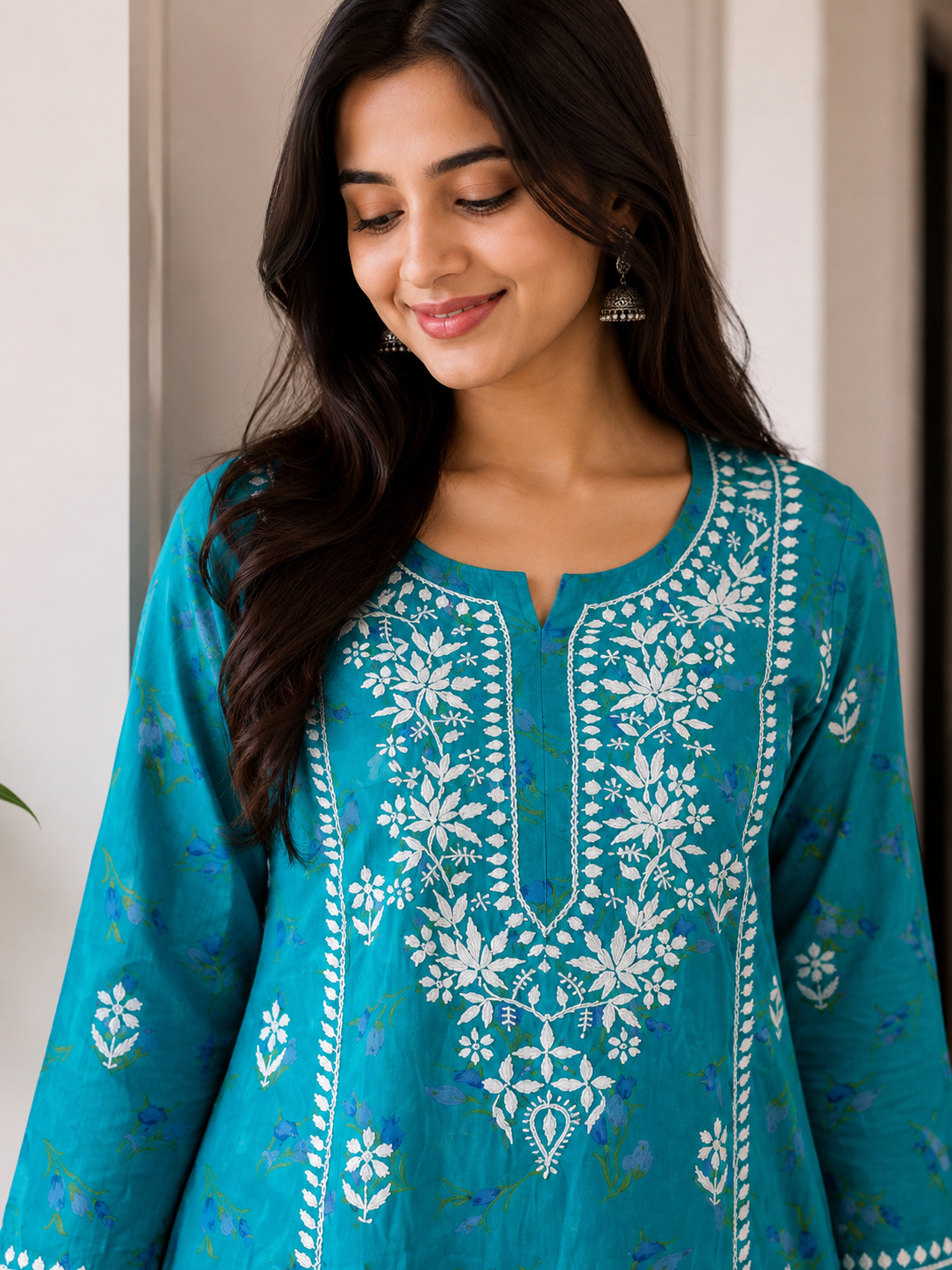 Turquoise Blue printed Cotton Chikankari Kurta