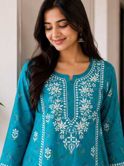 Turquoise Blue printed Cotton Chikankari Kurta