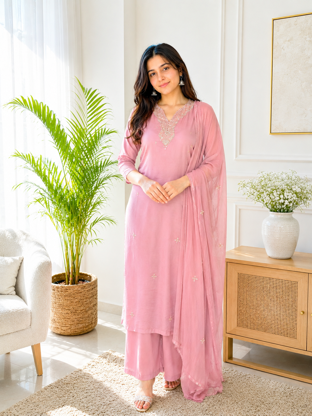 Dusty Pink Mul Chanderi Suit