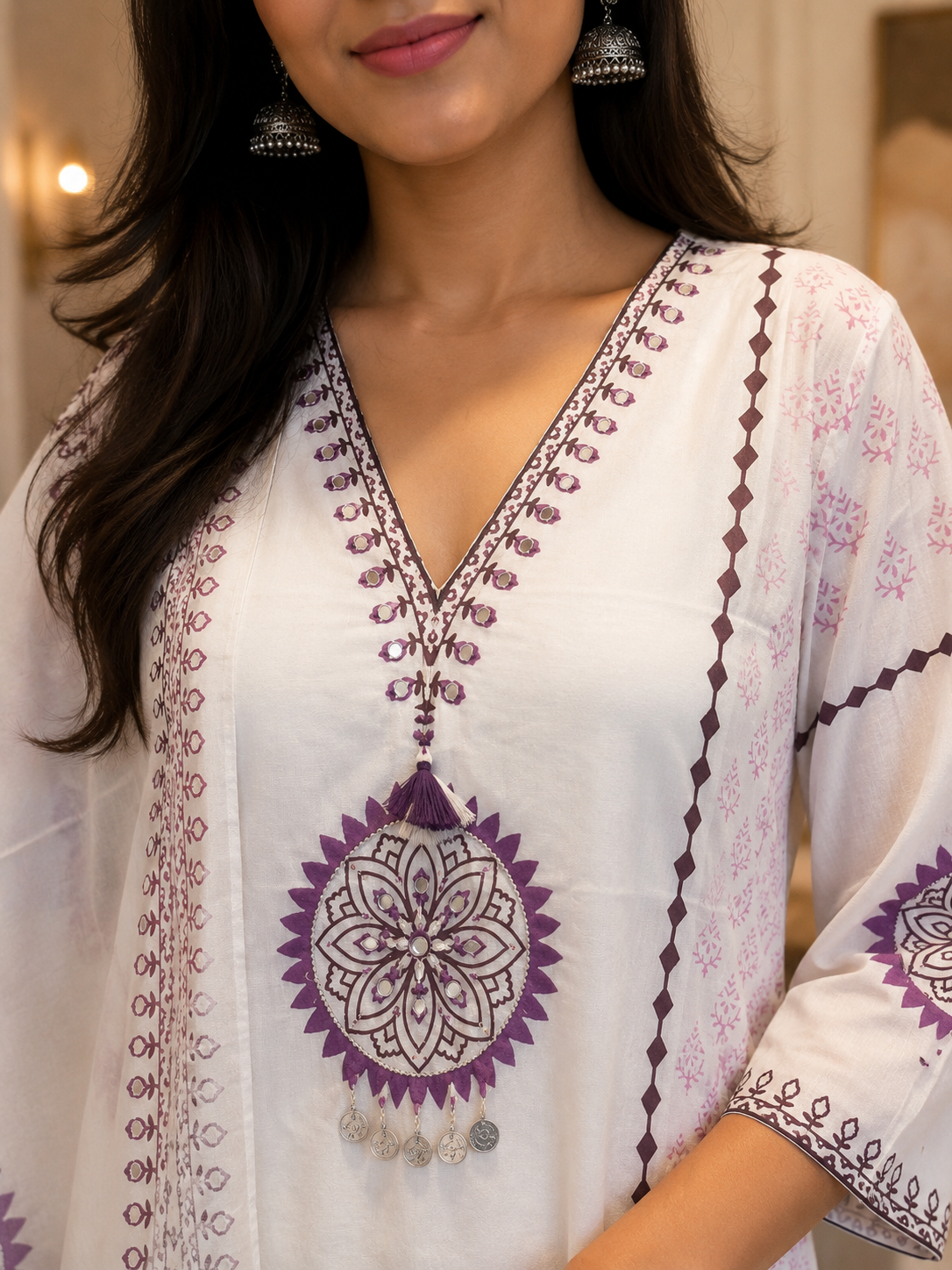 White and Lavender Mul Cotton Suit