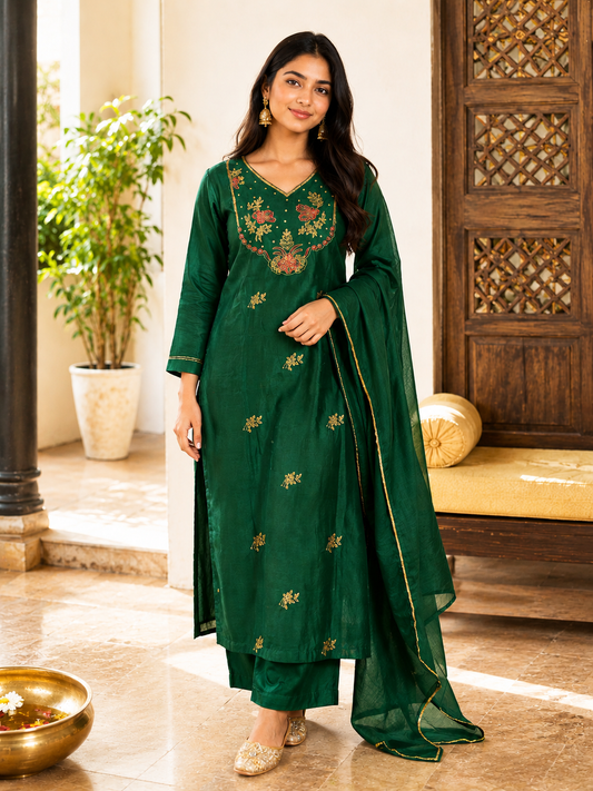 Graceful Green Mul Chanderi Suit