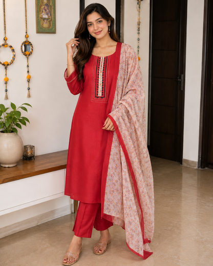 Coral Red Semi-Stitched Tussar Silk Suit