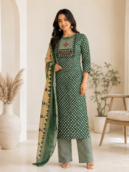 Graceful  Green Cotton Suit