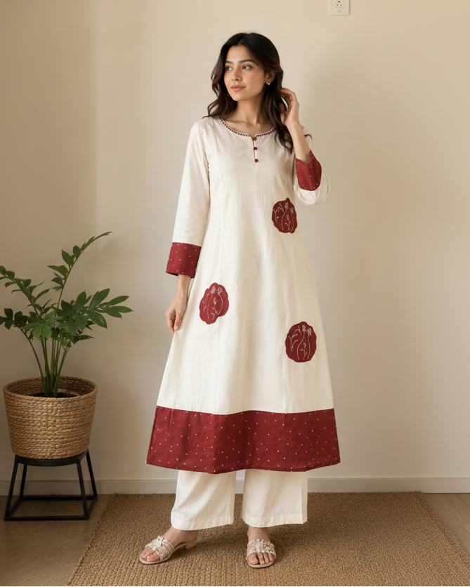 Ivory and Maroon Mul Chanderi Co-ord Set
