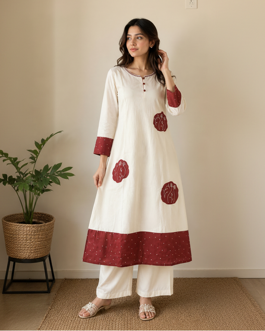 Ivory and Maroon Mul Chanderi Co-ord Set