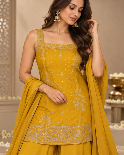 Yellow Jacquard Silk Sharara Suit