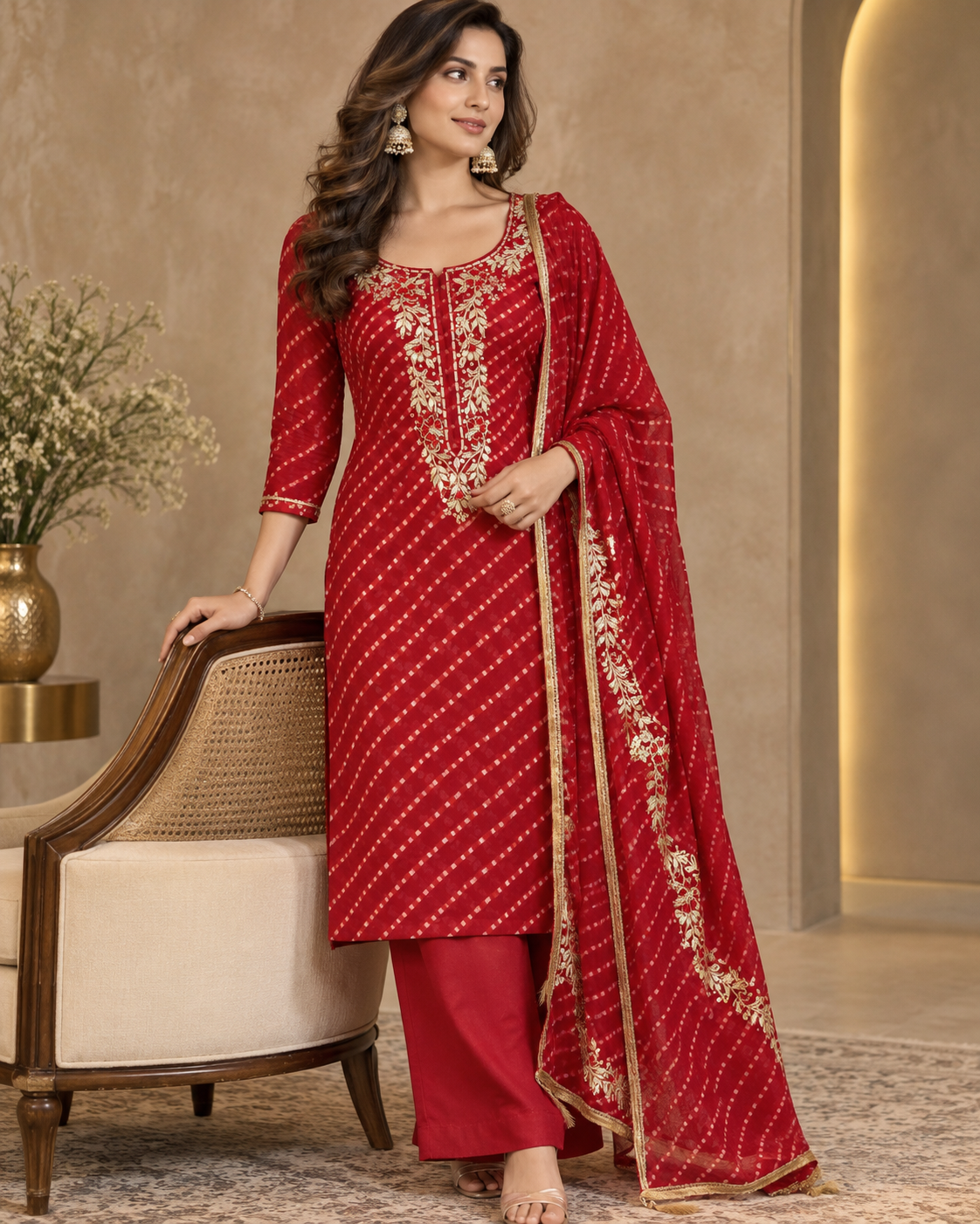 Radiant Red Lehariya Dress Material