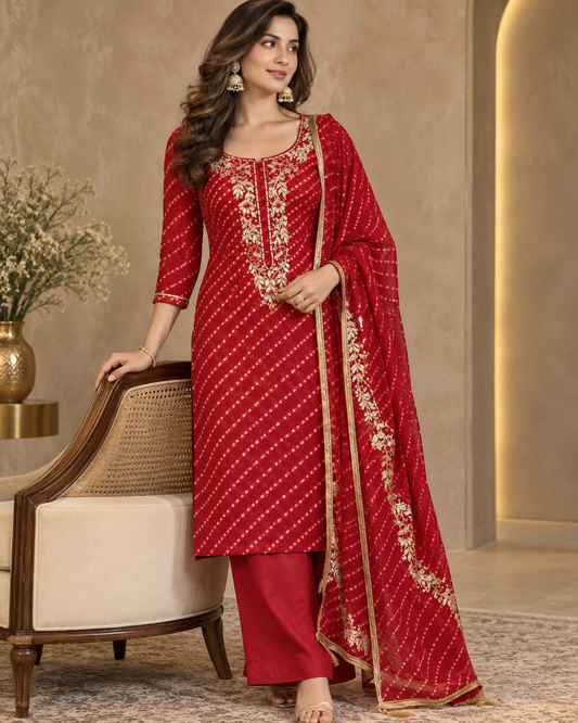 Radiant Red Lehariya Dress Material