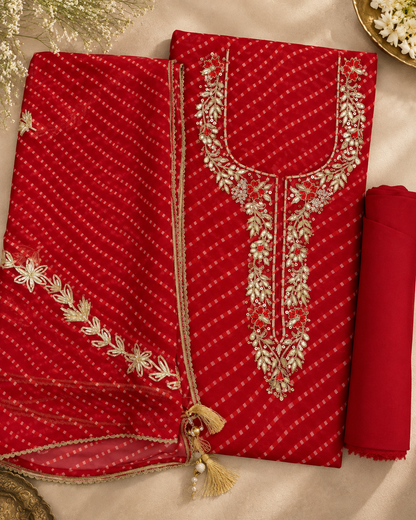 Radiant Red Lehariya Dress Material