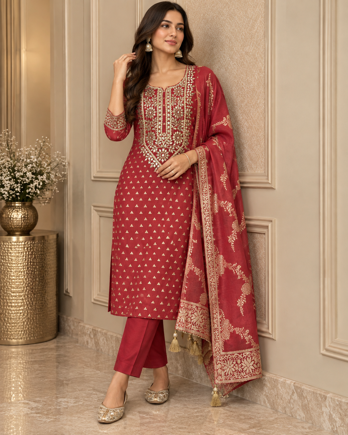 Deep Rose Maroon Mul Chanderi  Dress Material