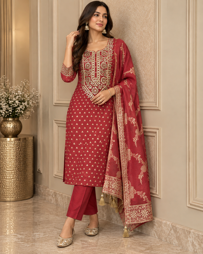 Deep Rose Maroon Mul Chanderi  Dress Material