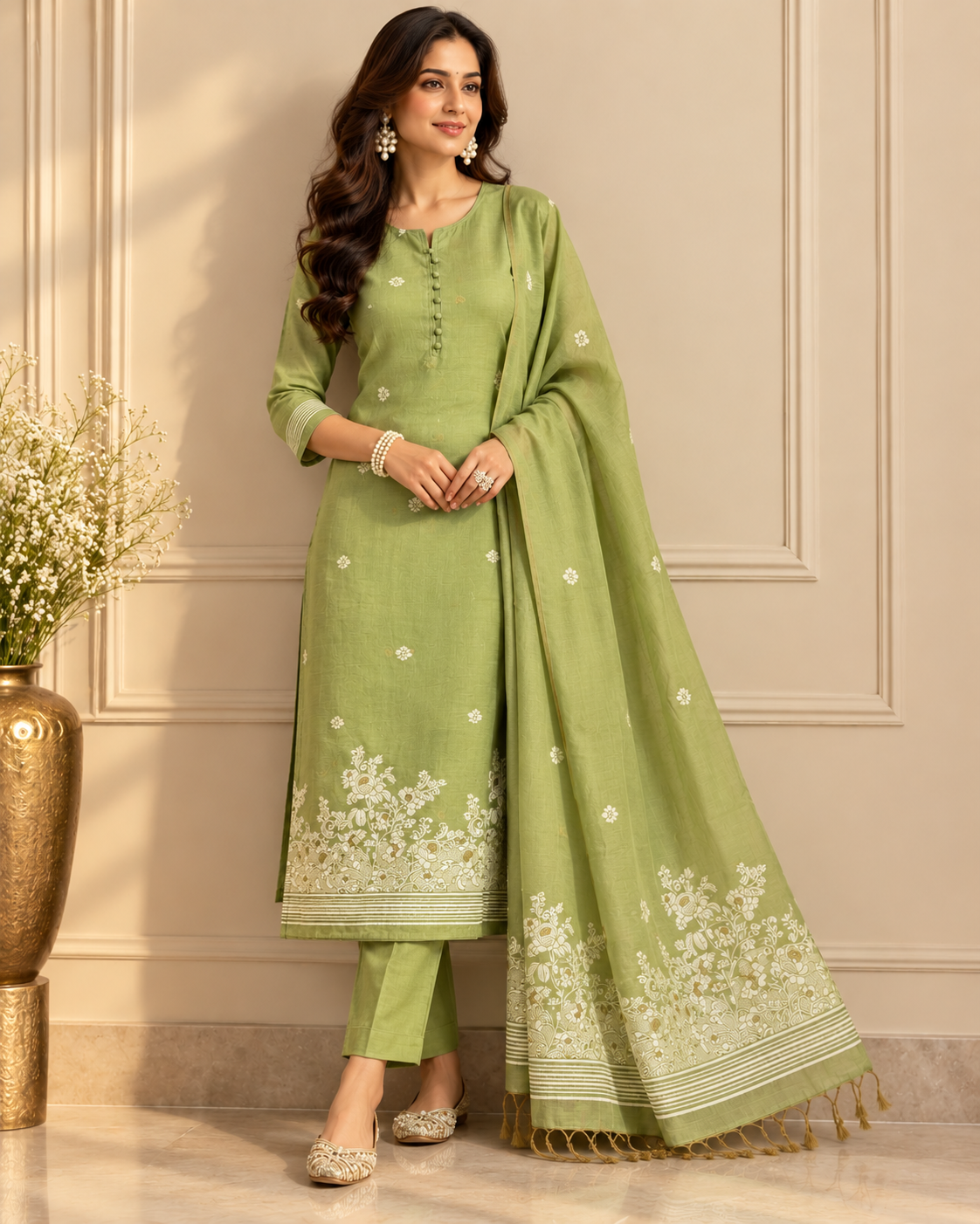 Sage Green Jamdani Cotton Suit