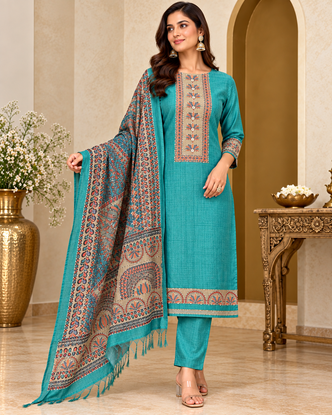 Sea Green Tussar Silk Dress Material