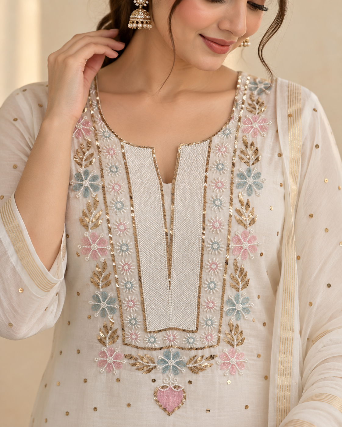 White Mul Chanderi Chikankari Dress Material