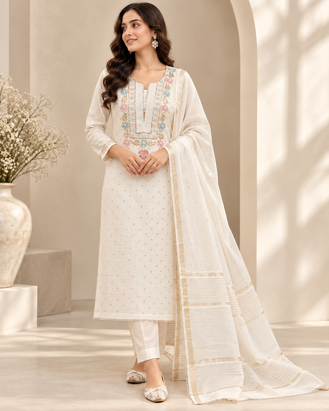 White Mul Chanderi Chikankari Dress Material