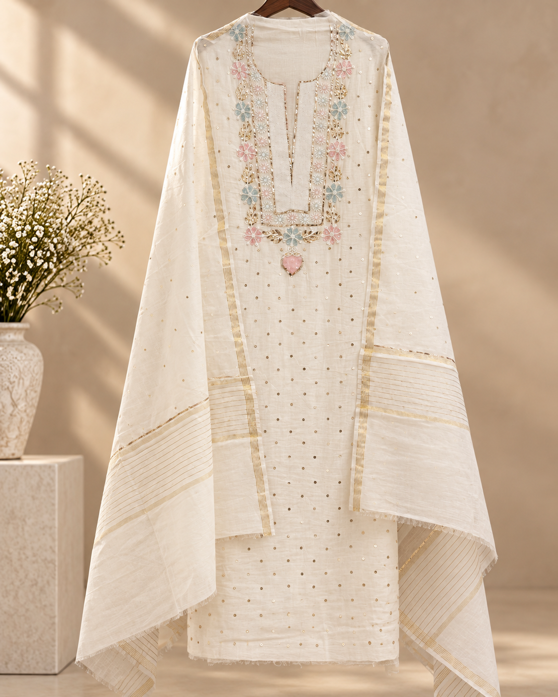 White Mul Chanderi Chikankari Dress Material