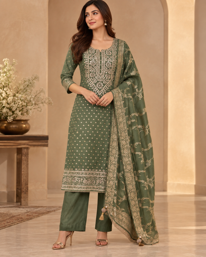 Glorious Green Mul Chanderi Dress Material