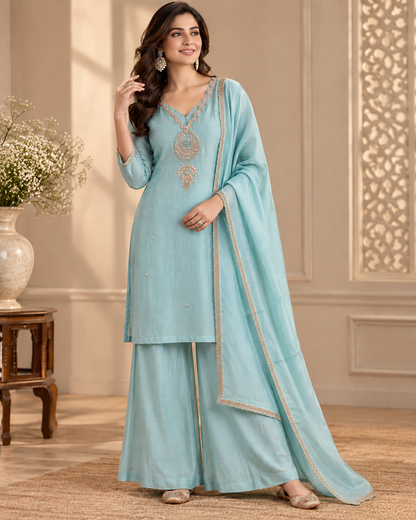 Sky Pearl Blue Mul Chanderi Palazzo Suit