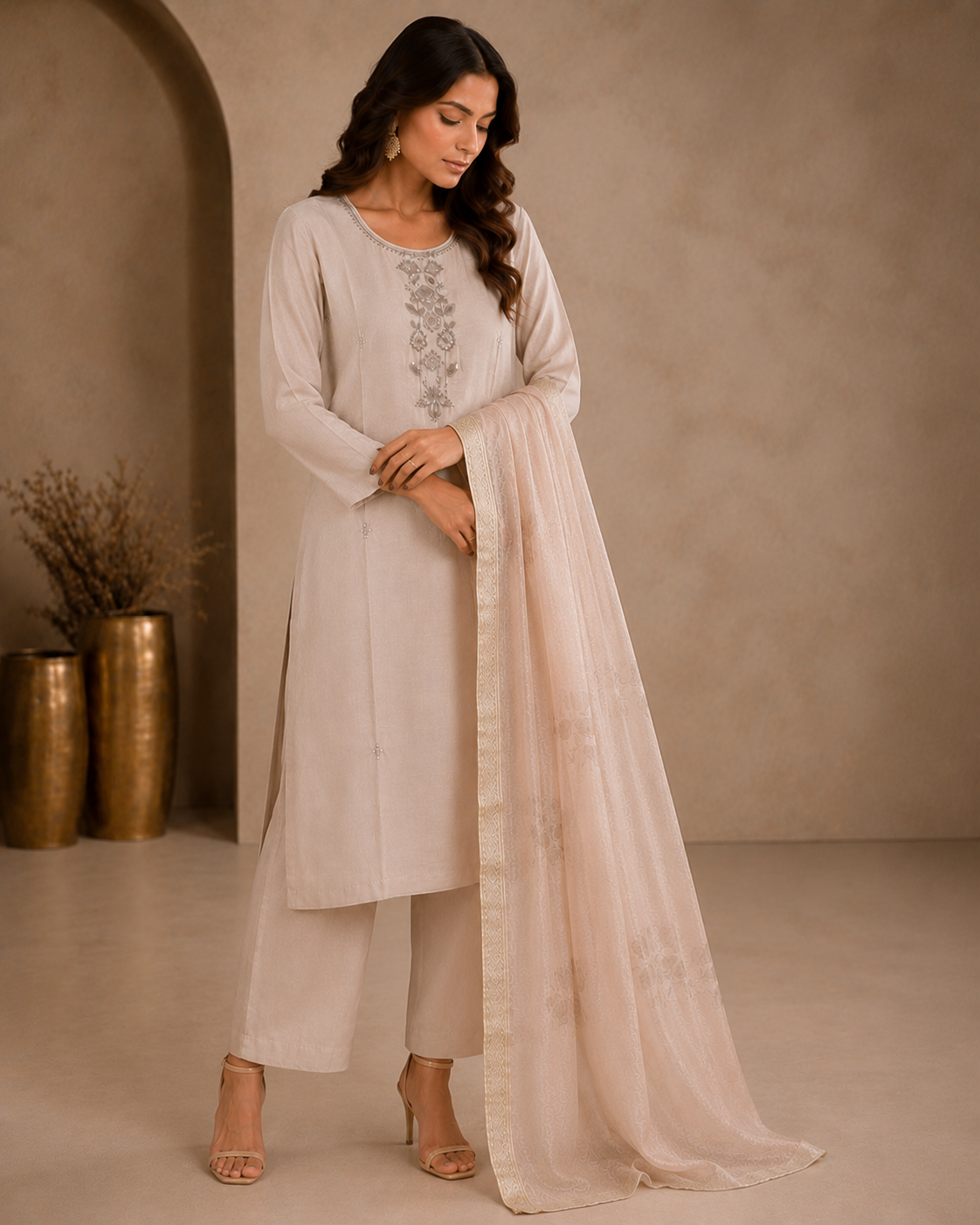 Soft Champagne Mul Chanderi Suit