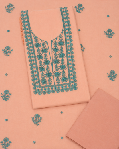Pastel Peach and Teal Cotton Dress Material